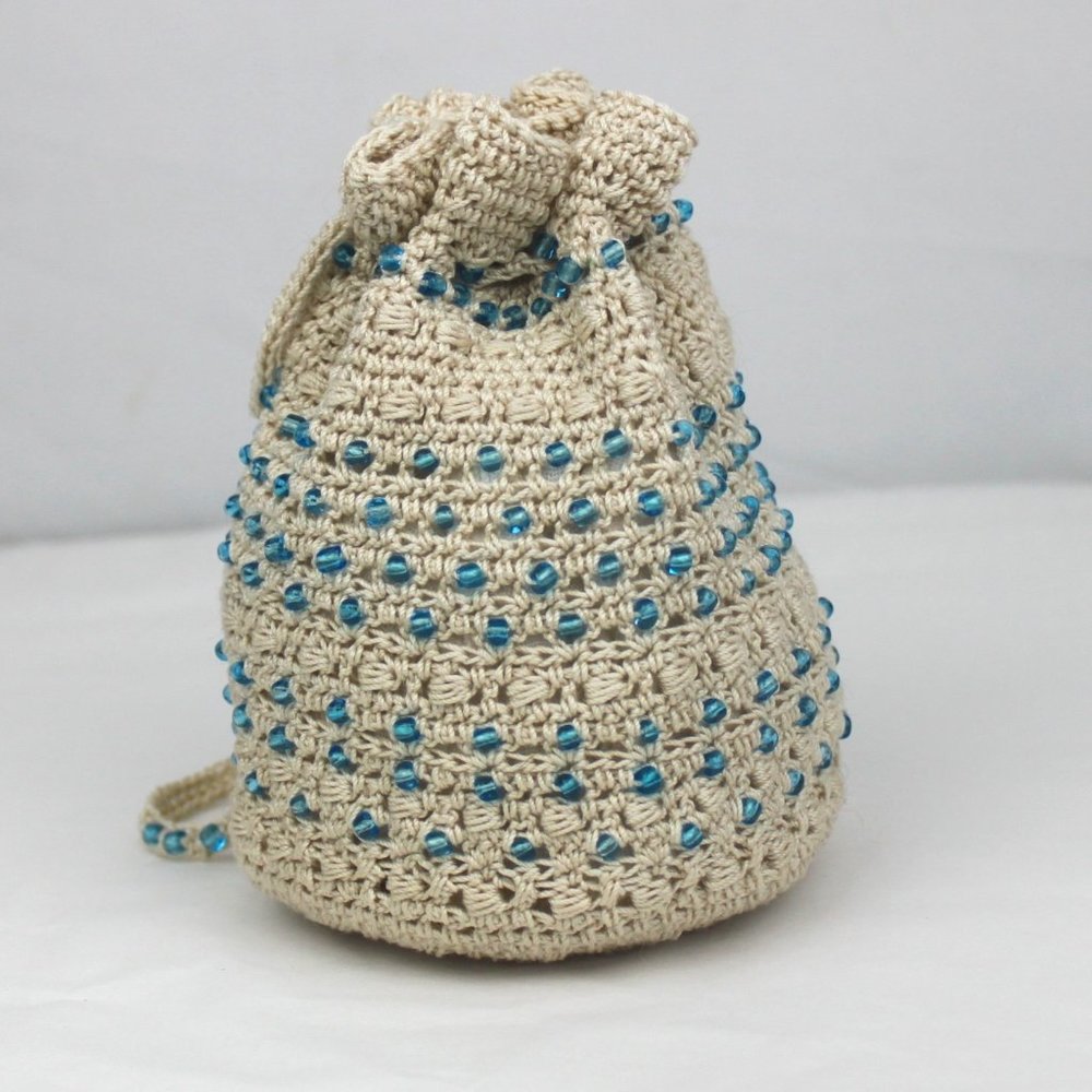 Blue Glass Beaded Cream Crochet Drawstring Pouch - Picture 4 of 9